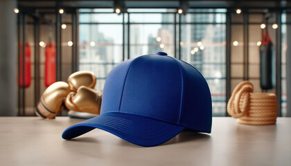 Blue baseball cap on table with boxing gloves and rope in gym with city view and warm lighting