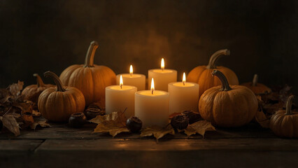 Autumn candles with pumpkins and leaves still life