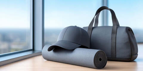 Gray cap and rolled yoga mat with gym bag on wooden floor near window with city view, creating calm and focused workout atmosphere