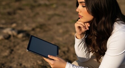 Fototapeta premium Young woman sitting outdoors in sunlight, holding and looking at a tablet computer with a blank screen