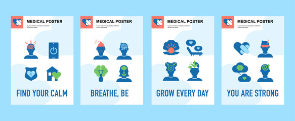 Set of medical posters with infographics and texts about mental health