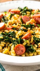 Close-up of a dish with orzo pasta, spinach, and sausage