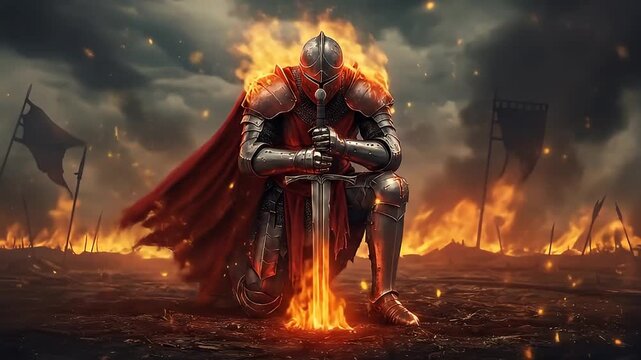 Burning Warrior Kneeling on the Battlefield After a Defeated Battle