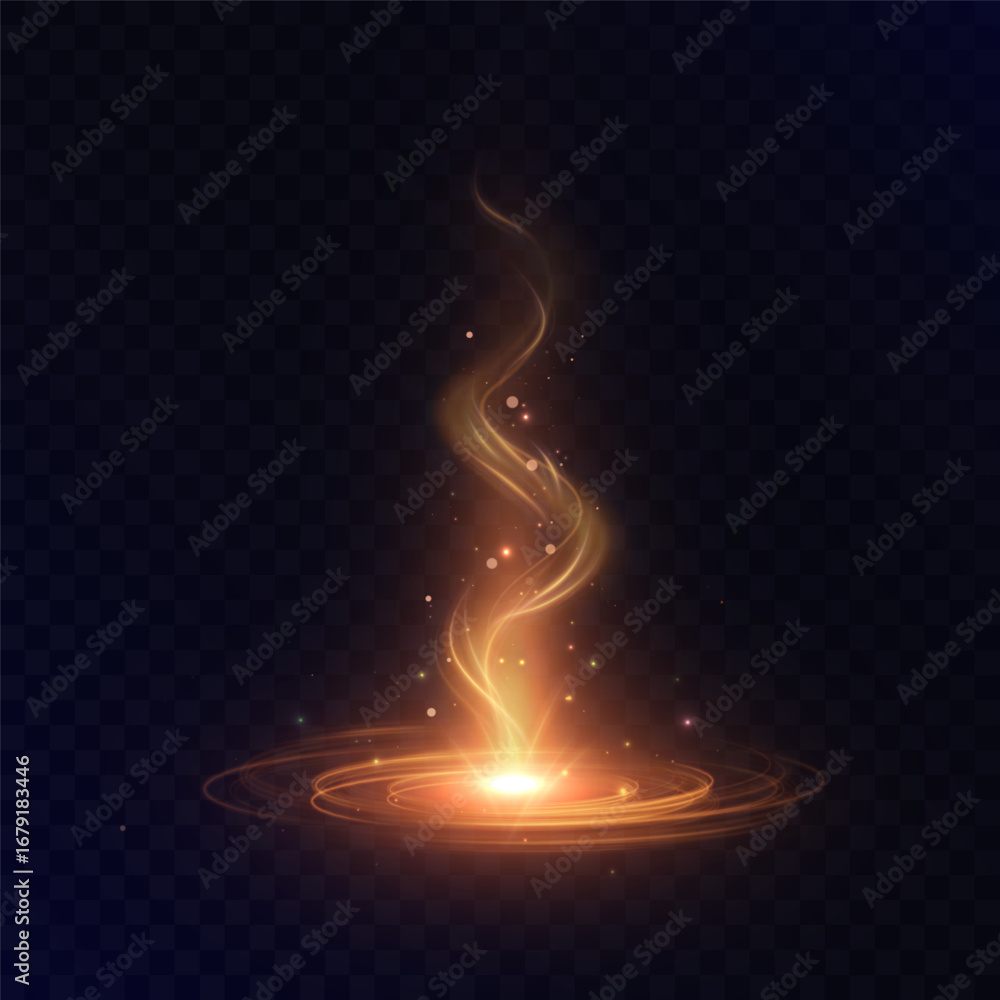 Poster golden vertical magical beam of light with a swirling vortex at the base and sparkling glitter parti