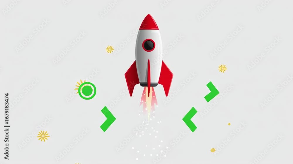 Poster team launching new initiative with abstract rocket concept and digital platform for innovative proje