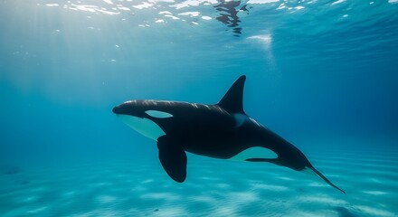 Naklejka premium Orca swimming gracefully in a clear blue ocean.
