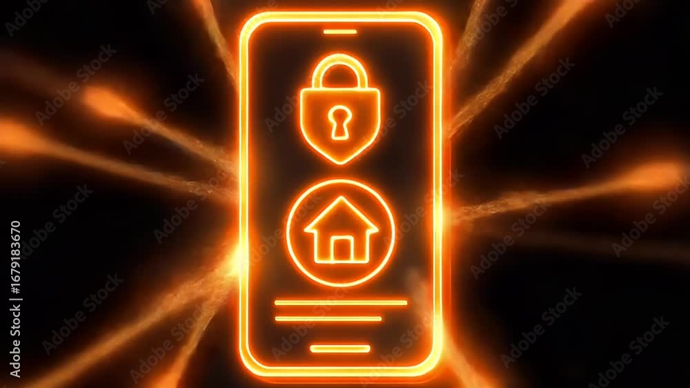 Poster smart home security: a luminous representation of a smartphone displaying the secure features of a s