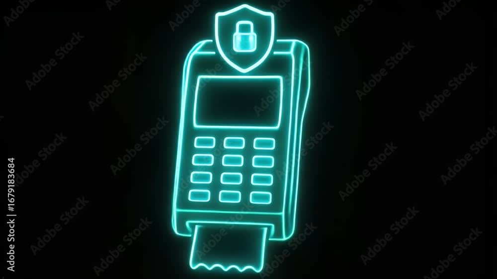 Poster secure payment terminal icon: a modern, glowing neon illustration of a payment terminal, complete wi