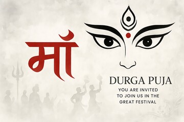 Invitation card design for durga puja festival featuring goddess durga eyes with trishul hindu celebration traditional art religious worship indian culture spirituality divine mother background