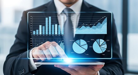 Professional businessman analyzing dynamic business data on tablet, visualizing financial growth...