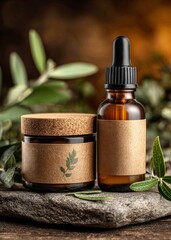 Amber dropper bottle and jar with blank recycled paper labels resting on stone podium with olive branches