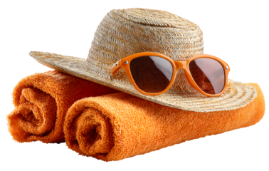 Hat and sunglasses on the beach small towel	