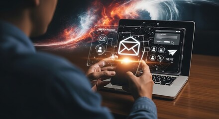 Modern professional managing email marketing campaign with laptop and phone for digital transformation success