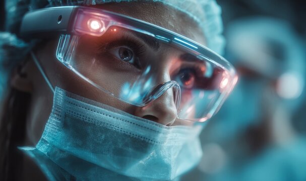 Female doctor wearing augmented reality glasses and surgical mask in operating room
