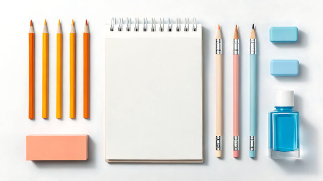 Top view flat lay of colorful art supplies pencils erasers notebook and hand sanitizer on white surface