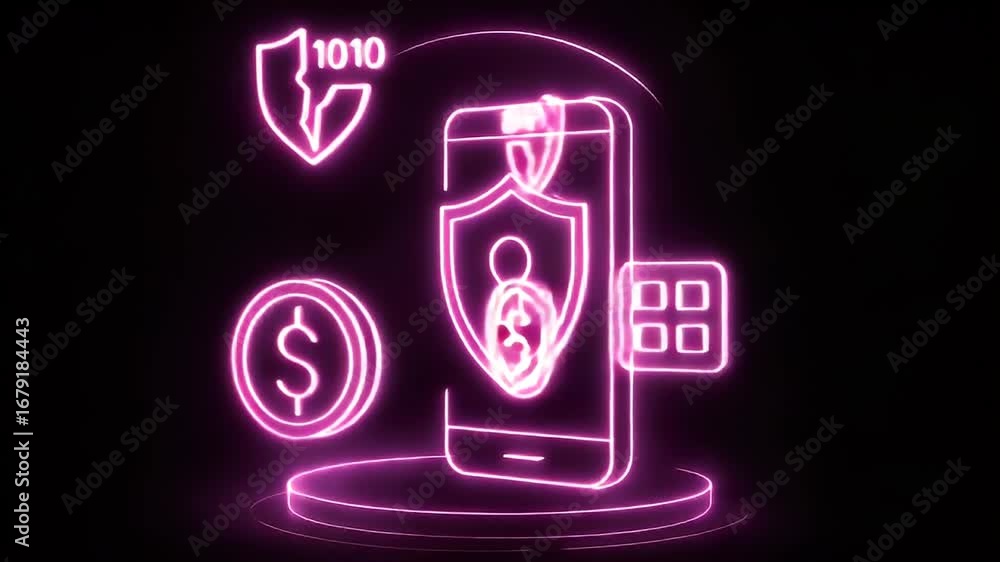 Poster digital security: a digital illustration of a glowing mobile phone, surrounded by icons representing