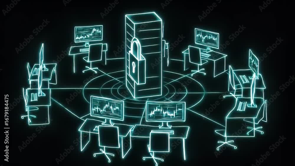 Poster digital security: a network of computers, interconnected in an illuminated outline, centers around a