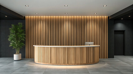 Modern minimalist reception area with curved wood slatted desk and vertical wood wall feature
