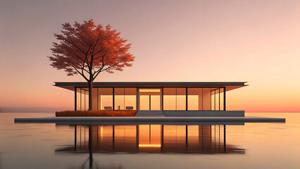 Serene modern architectural rendering of a minimalist house with reflective pool at sunset