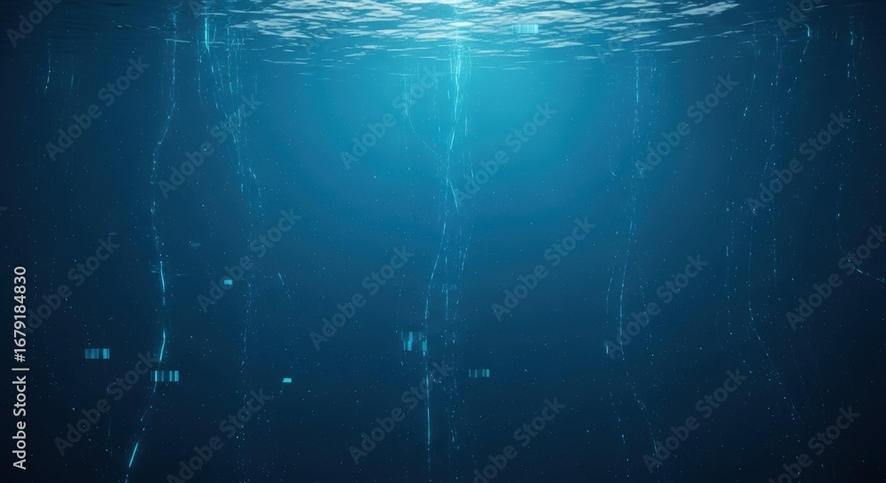 Poster seamless deep blue digital glitch background with luminous data streams and interrupted code