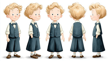 Cartoon vintage outfit, A charmingly illustrated young boy in a vintage outfit shown from multiple angles.