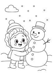 coloring book page of a cabbage building a snowman in winter.