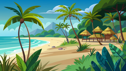 Fototapeta premium Vector art of a vibrant tropical beach scene with palm trees, turquoise water, and a sandy shore, perfect for a summer vacation getaway and relaxation