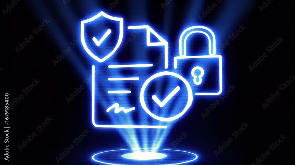 Poster secure document hologram: a vibrant, futuristic hologram of a secure document emerges against a back
