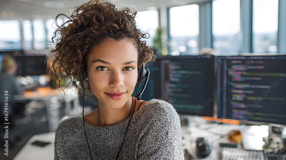 Poster programmer wearing headset working in modern office using computer