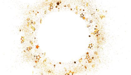 Sparkling gold stars forming a circular frame, perfect for festive designs, invitations, or celebratory backgrounds.