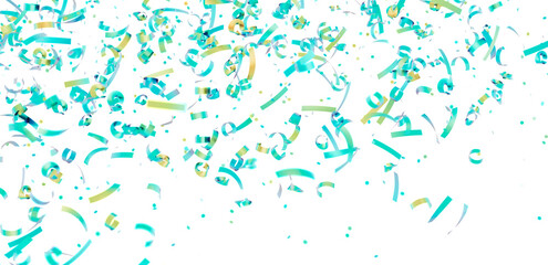 Celebrate with this festive image of teal and gold confetti falling on a white background. Perfect for party invitations, banners, and more!