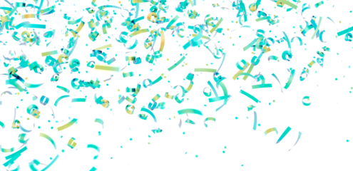Celebrate with this festive image of teal and gold confetti falling on a white background. Perfect for party invitations, banners, and more!