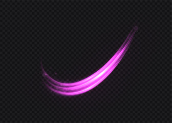 Bright purple glowing curved lines with glitter effect. Vector glow effect for design on dark background.