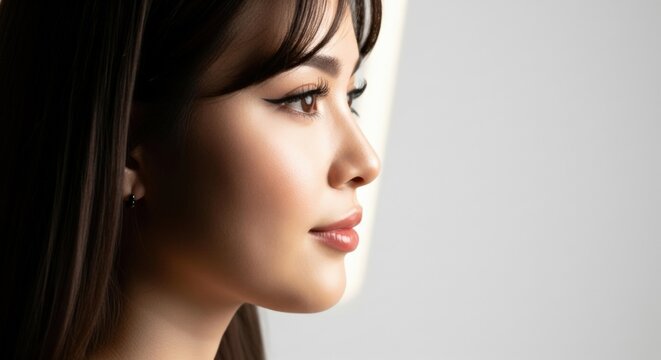 Closeup profile of a young asian woman with bangs, looking to the side with a soft expression, showcasing makeup and clear skin against a light background