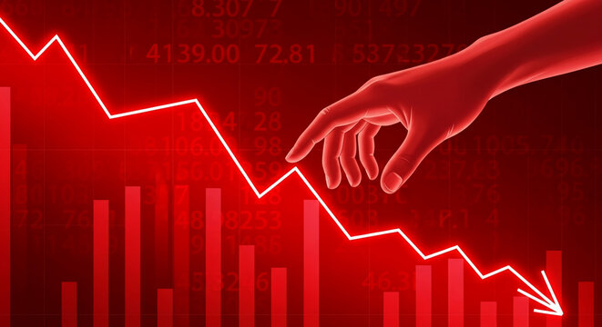 Red hand interacting with a downward trending graph, showing financial decline, symbolizing economic crisis or market downturn