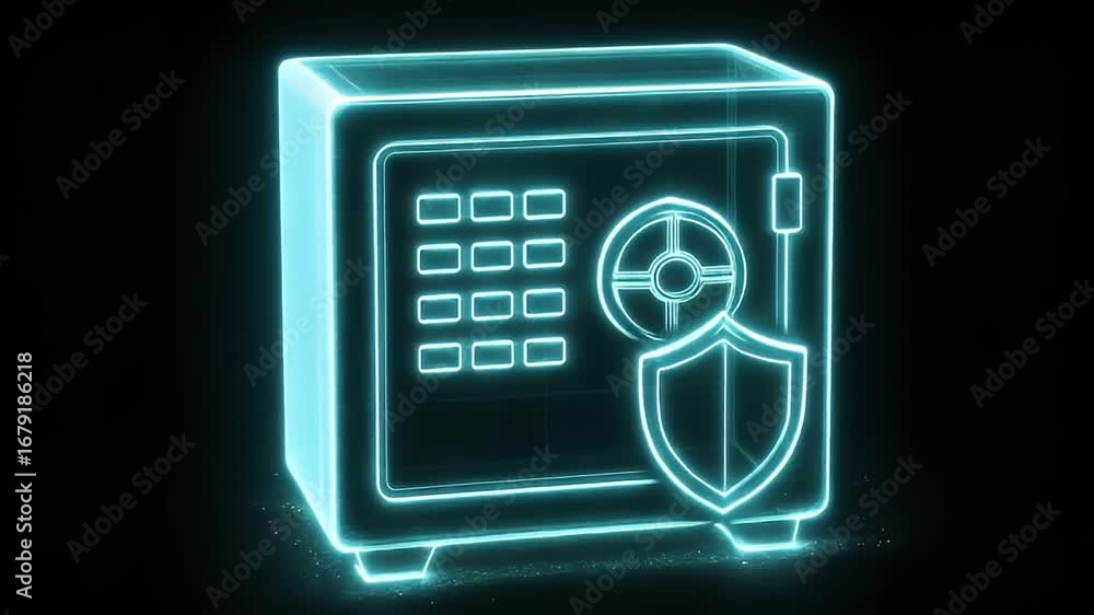 Poster cyber security vault: a digital representation of a strongbox, emanating a futuristic and secure vib