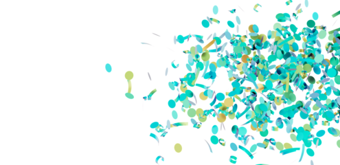Festive confetti background with teal and gold circles and ribbons. Perfect for celebrations, parties, and events.