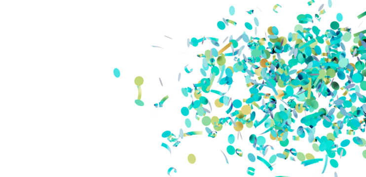Festive confetti background with teal and gold circles and ribbons. Perfect for celebrations, parties, and events.