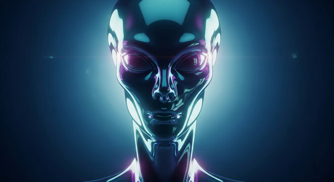 Metallic alien head, teal and purple hues, smooth surface, dark background, futuristic concept,  symbolizing science fiction, technology, or artificial intelligence