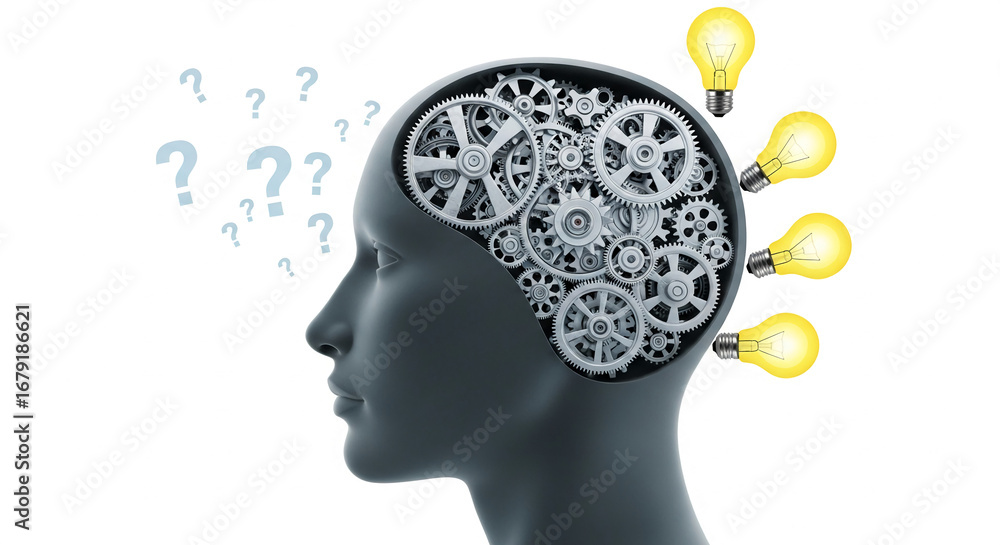 Poster head profile with visible gears and light bulbs, symbolizing intellect, problem-solving, and idea ge