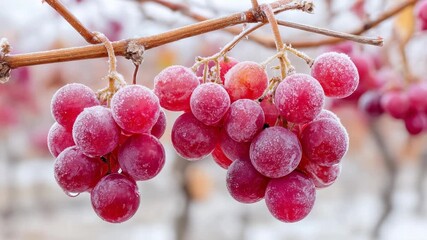 Frozen red grapes hanging on vine branch covered with frost and ice in cold winter vineyard closeup view - Powered by Adobe