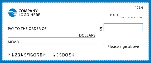Blank check template with light-blue border and white background. Features fields for logo, payee, amount, date, and signature. Modern, clean, corporate design for financial use.