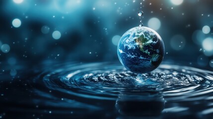 Single Tear Drop Forming a Miniature Blue Planet in Water Ripples