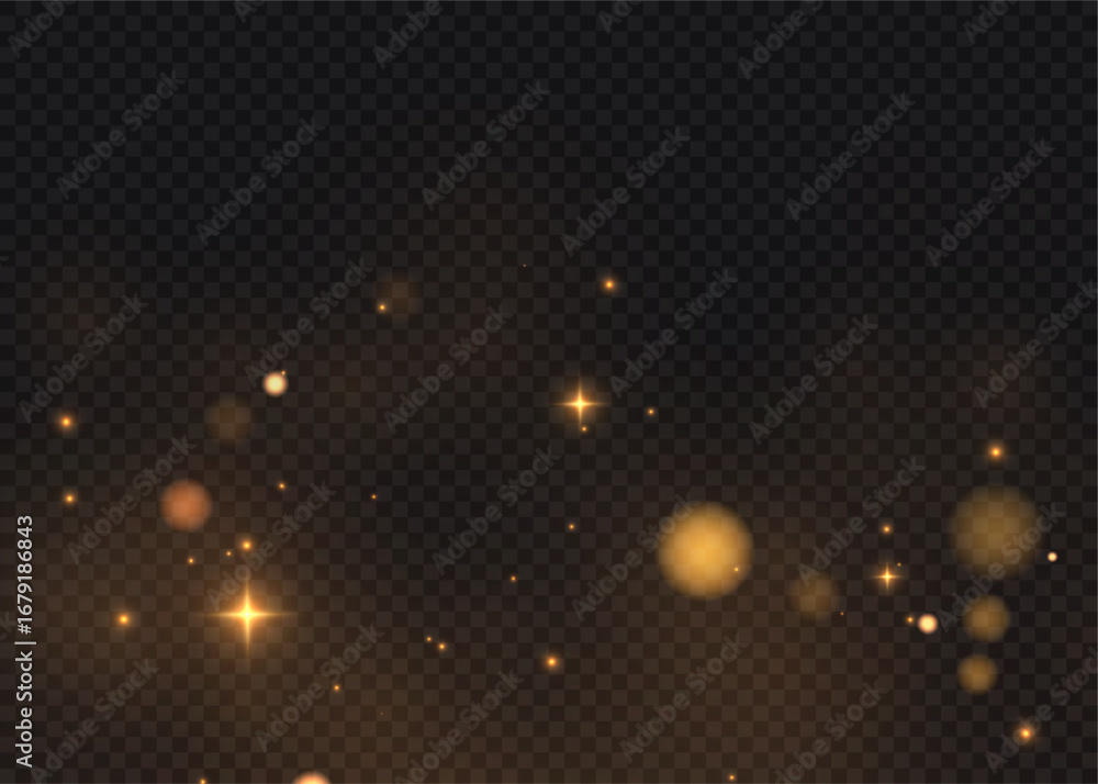 Poster golden bokeh glow with glitter and shimmer particles on a dark background.