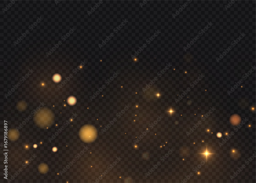 Poster golden glowing bokeh lights with sparkles and bright particles on transparent background. suitable f