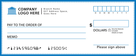 Blank check template with light-blue border and white background. Features fields for logo, payee, amount, date, and signature. Modern, clean, corporate design for financial use.