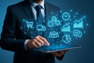 Business intelligence concept with a manager using a tablet and a holographic brain of interconnected operational icons.