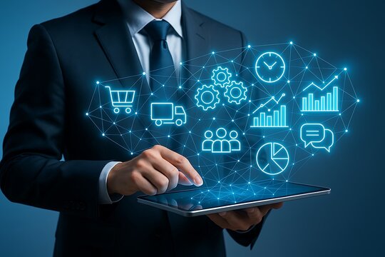 Business intelligence concept with a manager using a tablet and a holographic brain of interconnected operational icons.