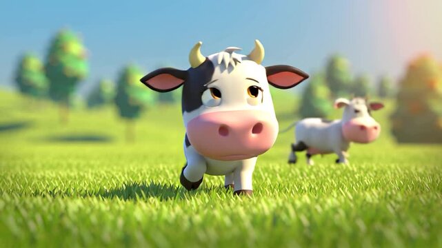 Happy cartoon cow character dancing in green landscape, adorable animated children&rsquo;s stock background