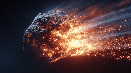 A comet fragment breaking apart in deep space, glowing with fiery particles scattering into the void, hyper-realistic movie visual